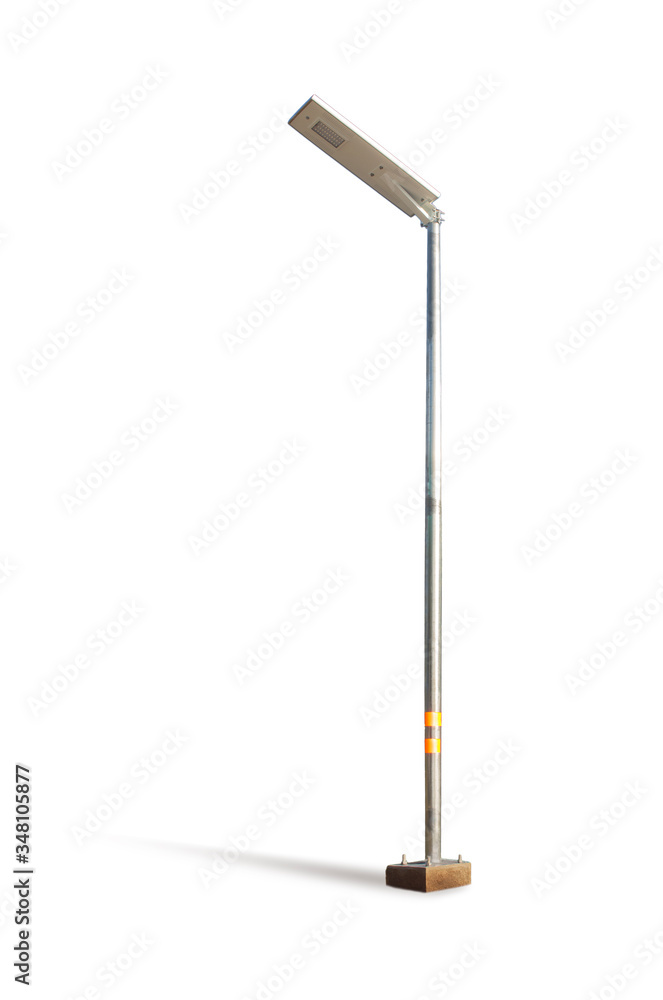 Electric poles illuminated with solar cells isolated on white background Electric poles illuminated with solar cells isolated on white background