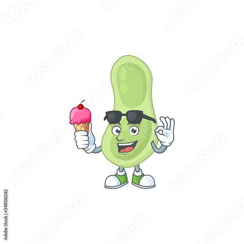 Cute staphylococcus pneumoniae cartoon character enjoying an ice cream