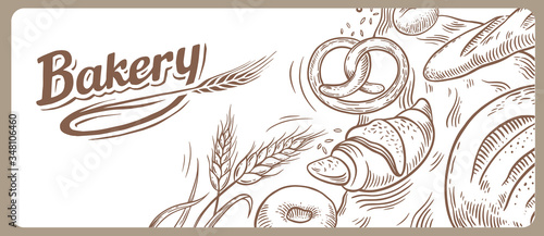 Vector card design with drawn baking illustration. Bakery or bakehouse menu.
