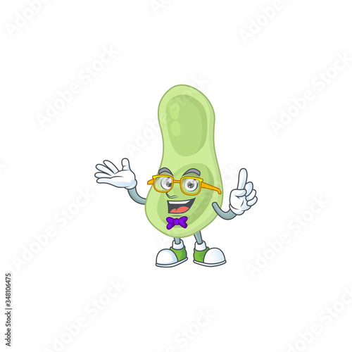 Cartoon character design of Geek staphylococcus pneumoniae wearing weird glasses