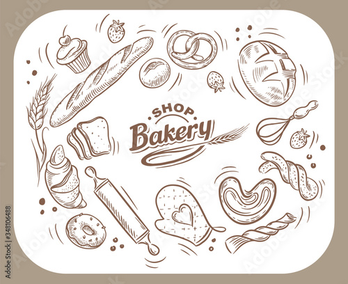 Vector card design with drawn baking illustration. Bakery or bakehouse menu.