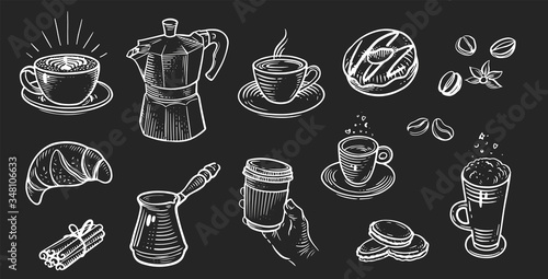 Set of coffee in retro style drawing with chalk on chalkboard background.