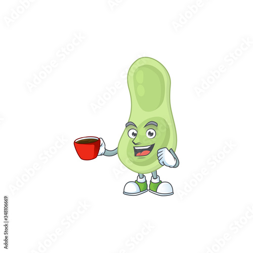 An image cartoon character of staphylococcus pneumoniae with a cup of coffee