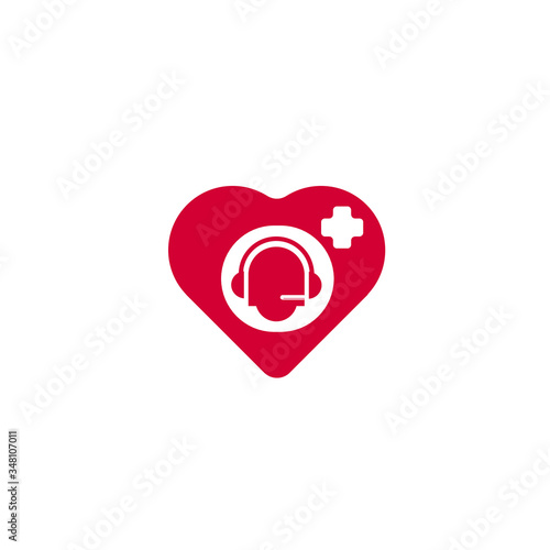 Red heart vector illustration with customer service or call center icon and white cross perfect for heart care hospital logo