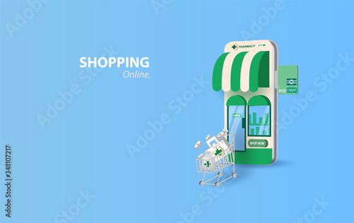 Drugstore online.pills buy online with the smartphone concept. Healthcare online pharmacy device screen mobile.Medicine set bottle of pills to patient.paper art and craft style vector illustration