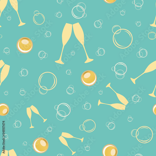 Champagne bubbles vector seamless pattern background. Hand drawn bottles, glasses, fizzy drink blue gold backdrop. Elegant sparkling wine repeat illustration. All over print for party celebration