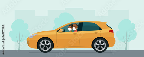 Fototapeta Naklejka Na Ścianę i Meble -  Hatchback car with a young man and woman in a medical mask driving on a background of abstract cityscape. Vector flat style illustration.