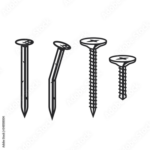 Set of sihlouette screw and nail for carpentry