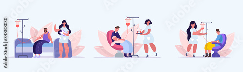 People donate blood. Donation blood transfusion donors volunteers who have had coronovirus healing plasma combating Covid 19, volunteer assistance healthcare, maintaining health. Vector flat style.