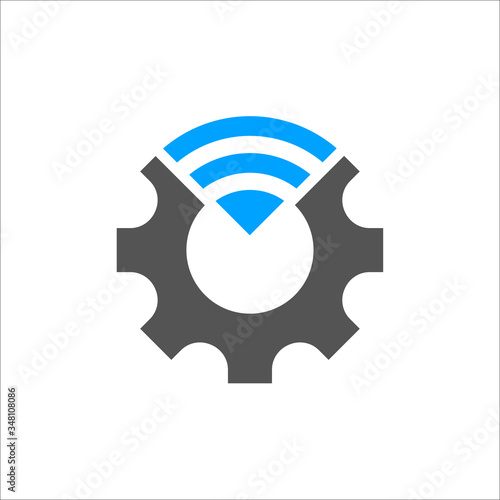 Industry 4.0 vector illustration. Cogwheel and blue conection icon. Manufacturing technology revolution with digital system. EPS 10