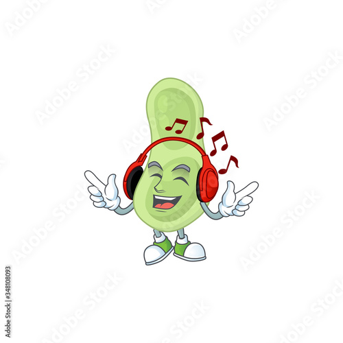 Cartoon mascot design staphylococcus pneumoniae enjoying music with headset