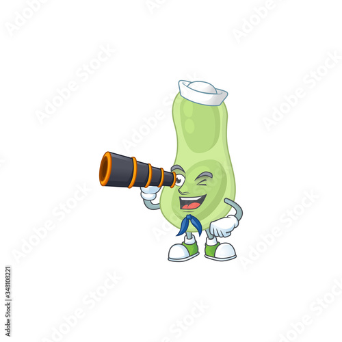 Staphylococcus pneumoniae in Sailor cartoon character style using a binocular