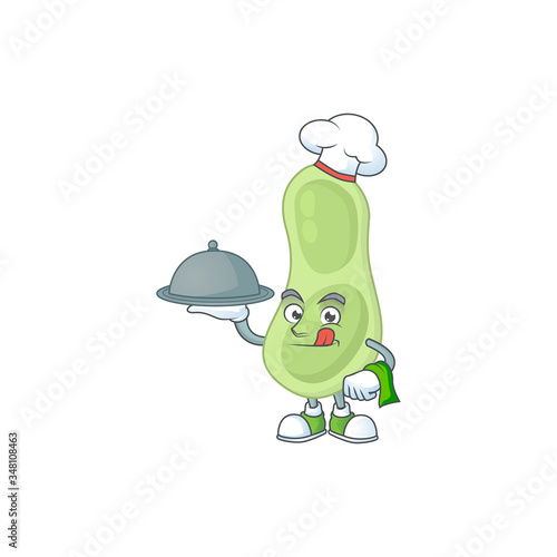 A staphylococcus pneumoniae chef cartoon design with hat and tray