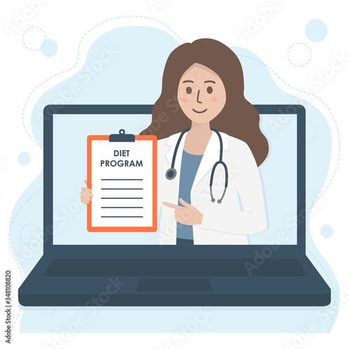 Female nutritionist doctor or dietician with stethoscope holding and pointing at clipboard on laptop screen. Online diet consultation, healthcare and nutrition plan concept. Flat vector illustration.