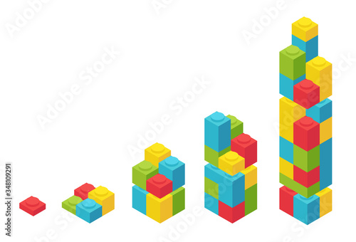 Colour plastic bricks. Size construction process stages. Building blocks for children construction kits. Development stage. Animation progression. Vector isometric infographic.