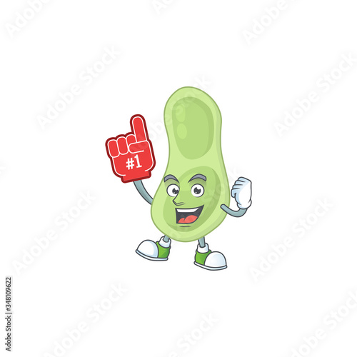 Cartoon character concept of staphylococcus pneumoniae holding red foam finger