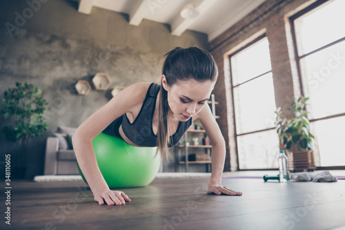 Closeup photo of beautiful lady quarantine hobby training home dynamic pilates stretching practicing legs on fit ball plank push-ups exercise biceps muscles stand on arms living room indoors