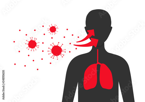 A process of coronavirus infection, contamination. Inhaling COVID-19 molecules. Lungs injury, damage. A person's silhouette. Vector illustration isolated on a white background.