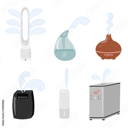 Flat vector home air humidifier, air cleaner, vaporizer. Set of nice vector trending humidifiers. Humidification of the room. Modern technology for the home.