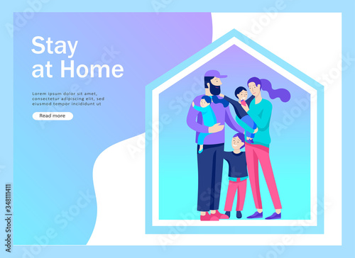 Stay at home concept of coronavirus prevention, awareness social media campaign. People and family on quarantine staying together at home. Protection and revention of 2019-nCoV. Banner, landing