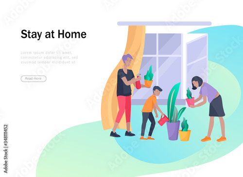 Stay at home concept of coronavirus prevention, awareness social media campaign. People and family on quarantine staying together at home and care about homeplant. 2019-nCoV. Banner, landing