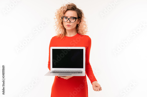 Beautiful caucasian woman works with laptop