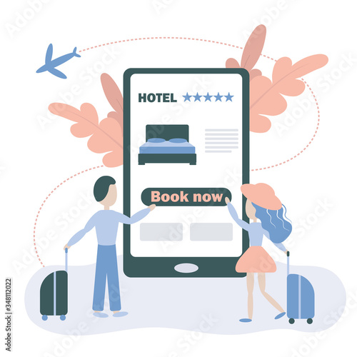 Design concept for hotel search and online booking. Handheld smartphone. Vector illustration. Woman and man book hotel online.