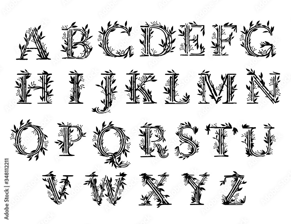 Black silhouette set of alphabet tree branches with leaves and berries botanical flowers floral scandinavian style art design element flat vector illustration Black silhouette set of alphabet tree branches with leaves and berries botanical flowers floral scandinavian style art design element flat vector illustration