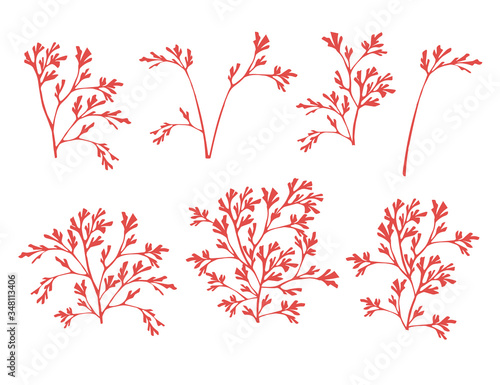 Set of red coral seaweeds silhouettes flat vector illustration isolated on white background