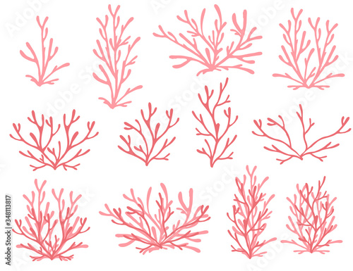 Set of red coral seaweeds silhouettes flat vector illustration isolated on white background