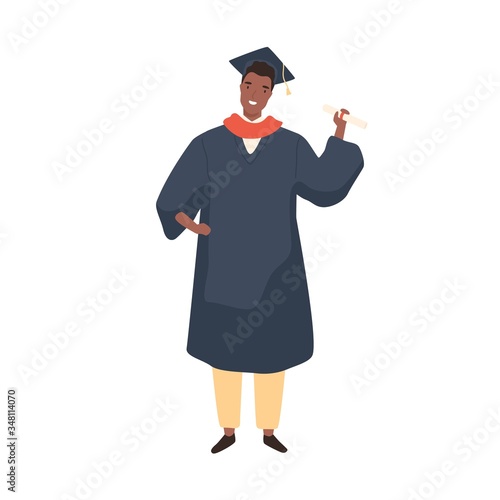 Black skin male graduate student demonstrate degree certificate vector flat illustration. Smiling african academic man in dress, gown or robe and cap isolated on white. Joyful bachelor with diploma