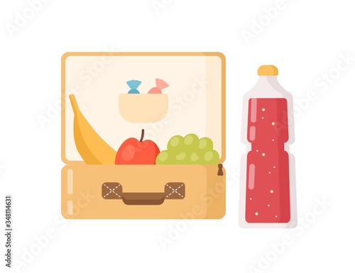 Colorful lunchbox with fresh fruit, sweet and juice in bottle vector flat ill...
