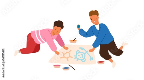 Happy funny male kid playing together painting picture on paper vector flat i...