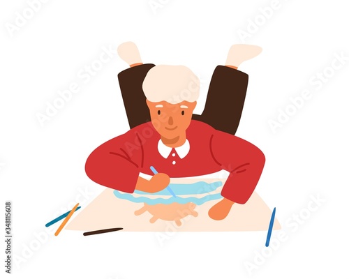 Smiling child drawing picture lying on floor vector flat illustration. Focuse...