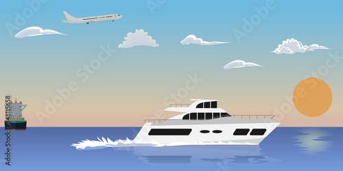 Luxury summer yacht. Flat color style vector illustration.