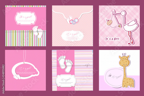 Baby shower set. Cute invitation cards for boy baby shower party. Vector collection on white and blue colors.