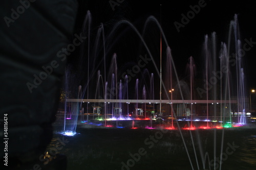 Batam, Indonesia – March 17, 2020: A fountain lights that illuminate a calm and quiet night, Batam Island, Indonesia on March 17, 2020“.
