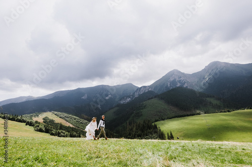 Wallpaper Mural Beautiful bride in a boho style dress and groom walk on the field near the mountains. Wedding photo shoot in the mountains. Torontodigital.ca