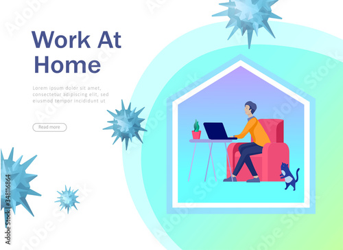 Stay at home and work concept of coronavirus prevention, awareness social media campaign. People on quarantine staying together at home office. Protection and revention