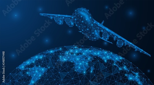 Travel and tourism by plane. A low-poly model of an aircraft and continents on the planet earth. Blue background.