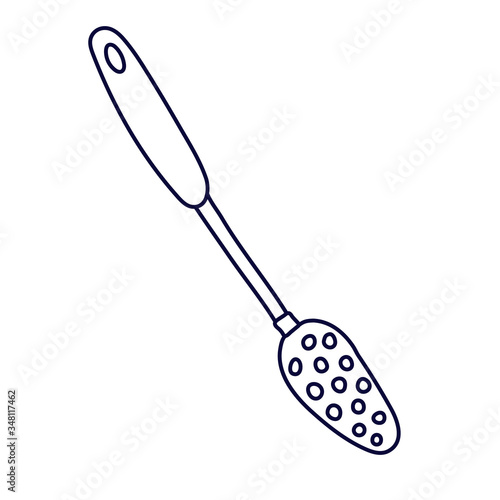 Slotted spoon in doodle style. Kitchen tool. Hand drawn vector illustration in black ink isolated on white background. 