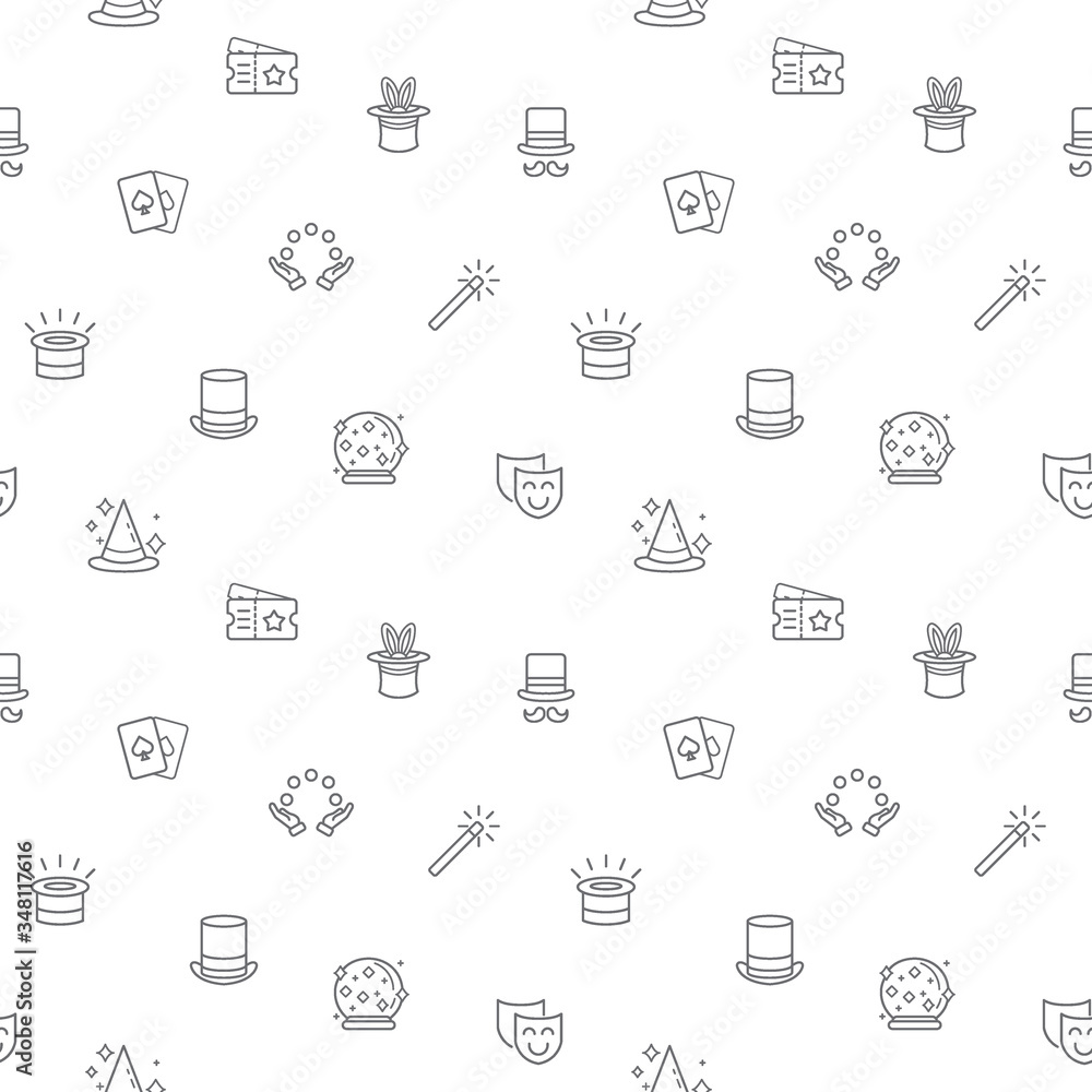Seamless pattern with magic and conjuring icon on white background. Included the icons as trick, fairy, card, hat, wizard, rabbit, crystal ball And Other Elements. Seamless pattern with magic and conjuring icon on white background. Included the icons as trick, fairy, card, hat, wizard, rabbit, crystal ball And Other Elements.