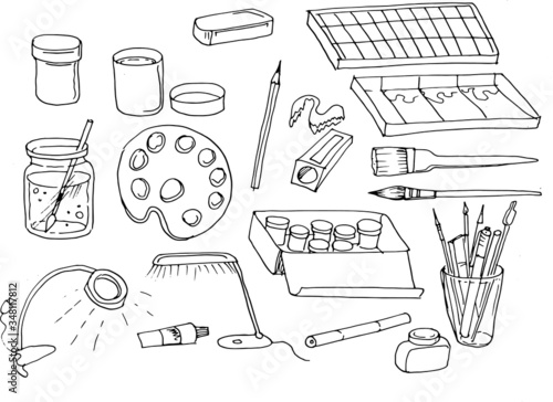 Set art supplies different objects on a white background paint brushes vector graphic doodle hand drawn vintage retro style