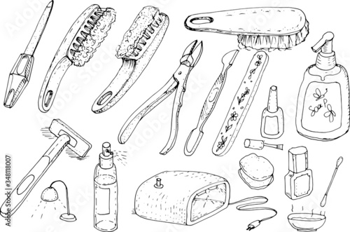 manicure hand care supplies items brush nail file nail clippers doodle sketch hand drawn vector on a white background separately stylization