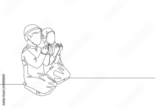 One continuous line drawing of muslim and muslimah pray solmen to God. Islamic holy day Ramadan Kareem and Eid Mubarak greeting card concept single line draw design vector illustration