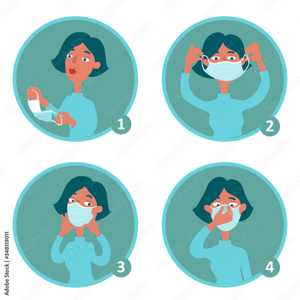 A woman shows how to wear a facial single-use medical mask. Cartoon ...