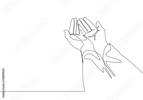 One continuous line drawing of muslim people open and raise hands to pray to God. Islamic holy day Ramadan Kareem and Eid Mubarak greeting card concept single line draw design vector illustration