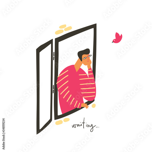 Lonely guy look at the window and wait offline life.