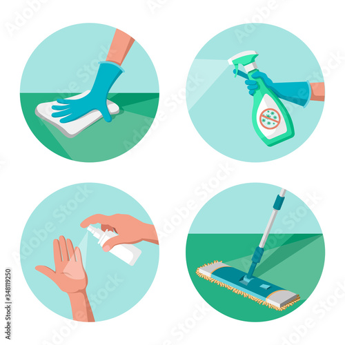Disinfection of surfaces and hands as a preventive measure against coronavirus. Set of cartoon vector illustrations.