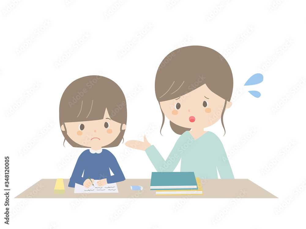 A girl learning at home while being told by her parents. A girl learning at home while being told by her parents.